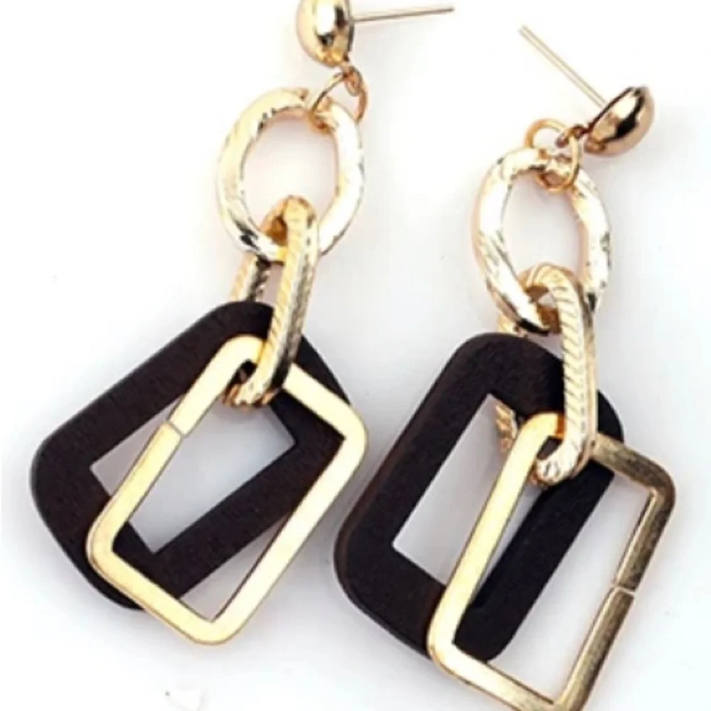 Multi-Shape Colorful Wooden with Gold-Tone Dangle Earrings, Push Back Closure - Picture 3 of 13